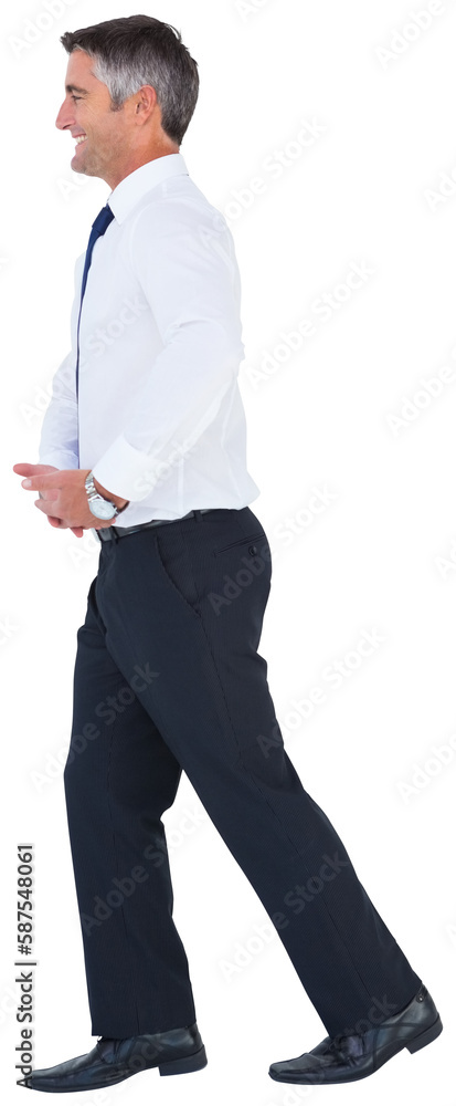 Side view of smiling businessman walking on white background Side view of smiling businessman walking on white background