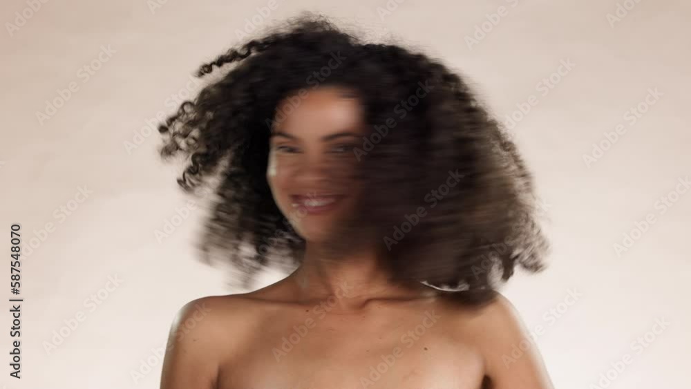 Beauty, hair and afro with woman in studio for cosmetics, satisfaction and self love. Salon, confident and glow with face of model for clean, natural and spa isolated on brown background Beauty, hair and afro with woman in studio for cosmetics, satisfaction and self love. Salon, confident and glow with face of model for clean, natural and spa isolated on brown background