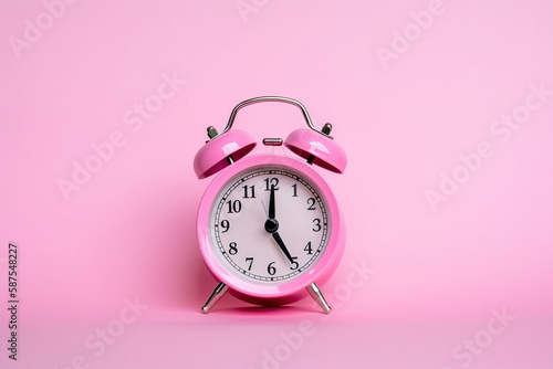 Pink alarm clock on a pink background with copy space. Created with Generative AI Technology