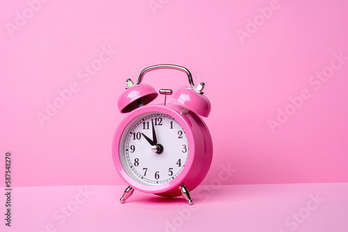 Pink alarm clock on a pink background with copy space. Created with Generative AI Technology