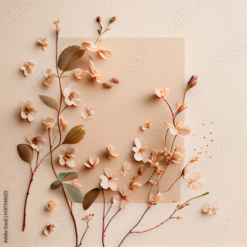 Generative AI trendy beige flolar beige background. View from above with spring flowers. Generative AI photo