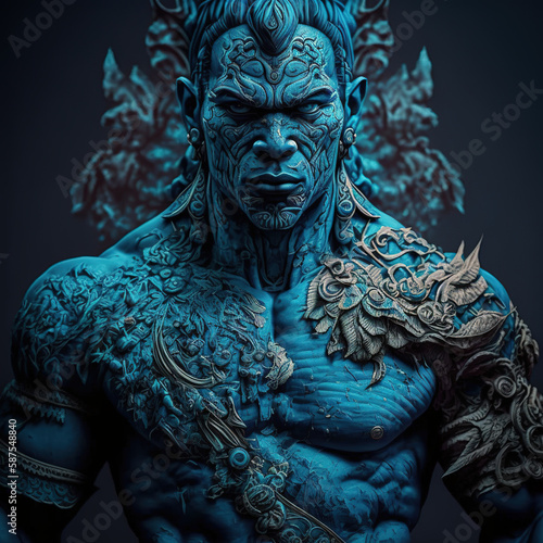 indonesian, ancient, god, artistic, muscular, aesthetic, blue, red, gold, brown, ornaments, aura, javanese, dayak, hindu, politheism, ai generative