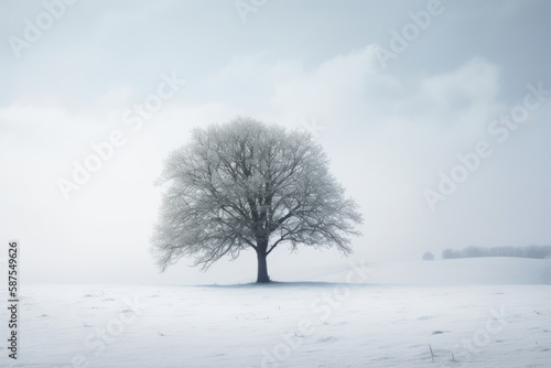 a lone tree in the middle of a snow - covered field on a cold winter day, taken with a canon 70mm f. Generative AI