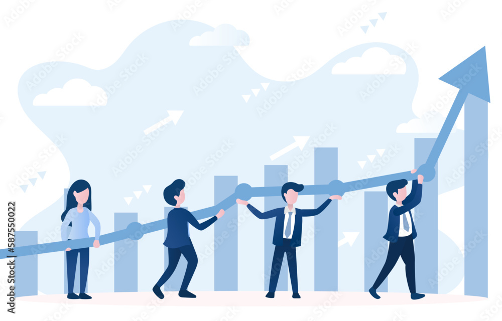 Business growth concept. A group of business people carrying an arrow upward. Symbol of progress, development, and achievement. Teamwork and collaboration in achieve business success.