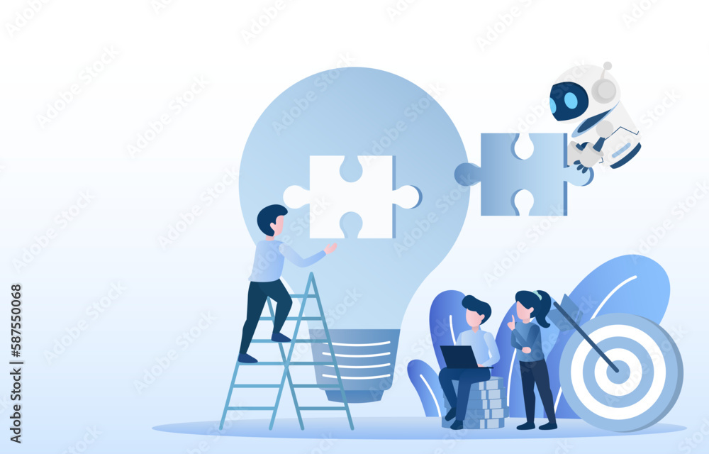Human and AI robot teams work together to brainstorm and analyze ideas. Improve the company and achieve success. Flat vector illustration. Human and AI robot teams work together to brainstorm and analyze ideas. Improve the company and achieve success. Flat vector illustration.