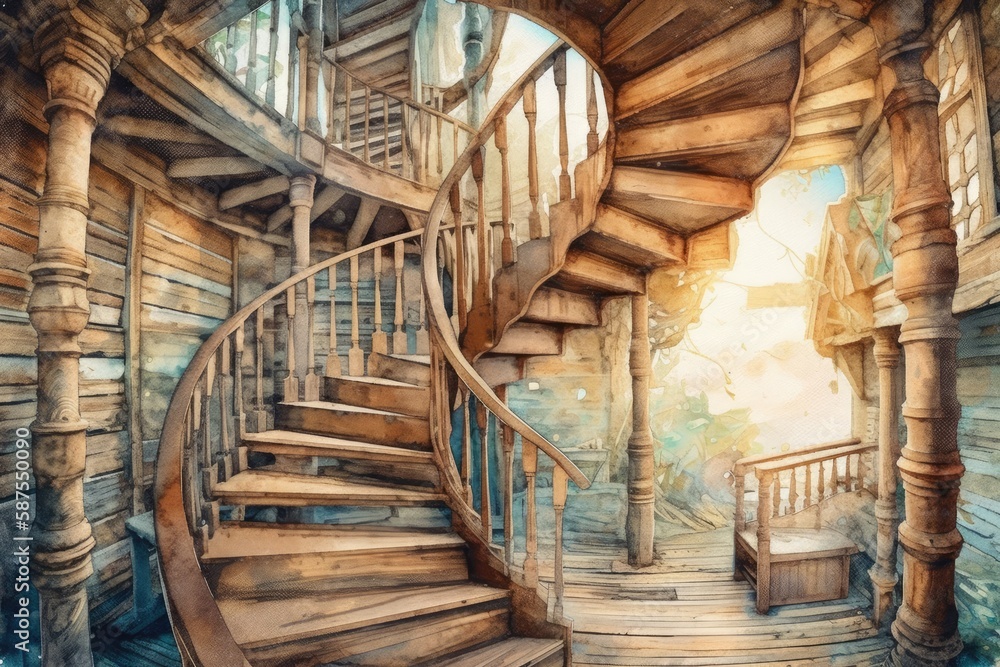 spiral staircase in a cozy log cabin. Generative AI spiral staircase in a cozy log cabin. Generative AI