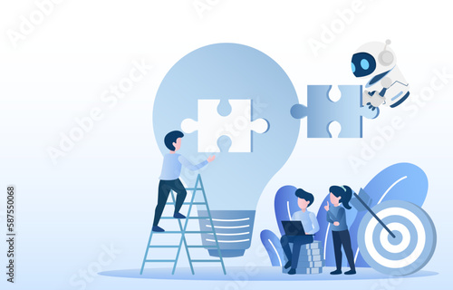 Human and AI robot teams work together to brainstorm and analyze ideas. Improve the company and achieve success. Flat vector illustration.