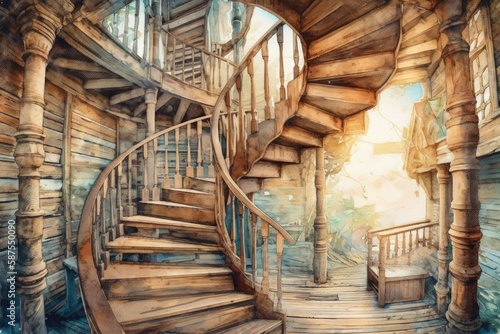 spiral staircase in a cozy log cabin. Generative AI
