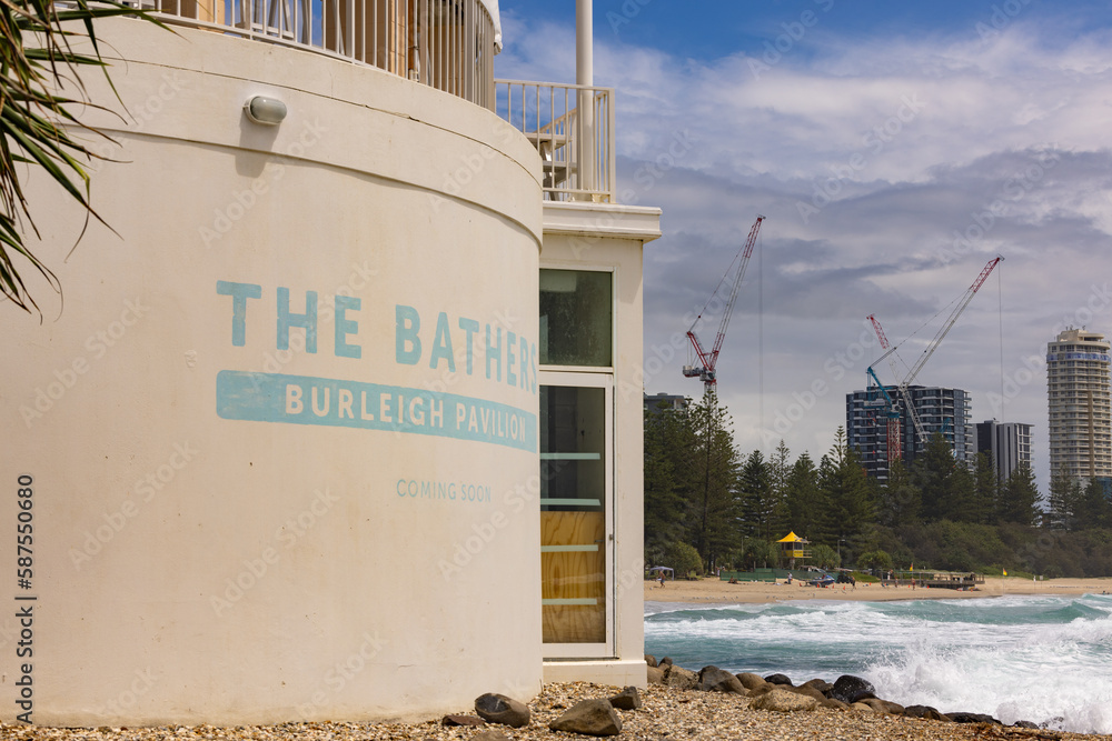 Burleigh Heads, QLD Australia 9 March 2023 The Bath House at Burleigh Pavilion with beach in