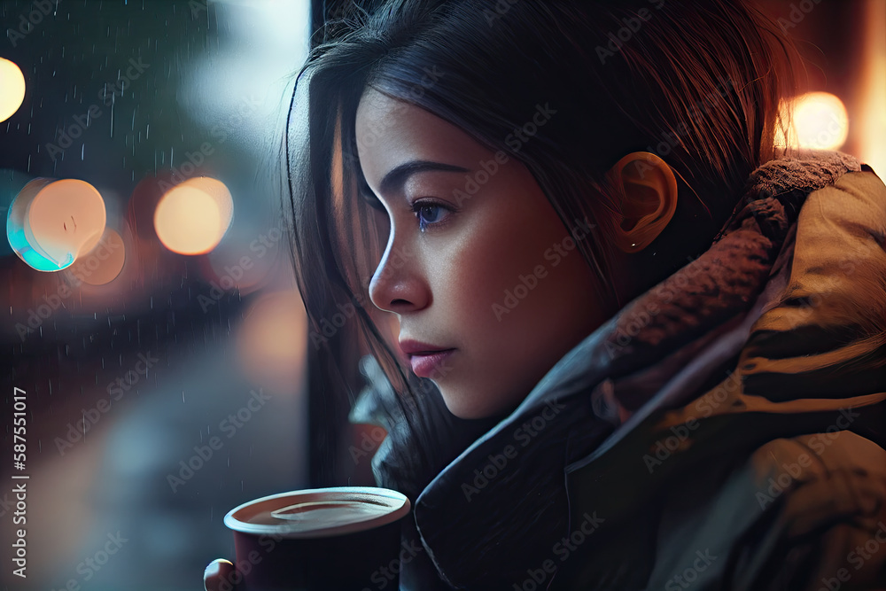 a woman holding a coffee cup in the rain, looking out over her shoulder ...