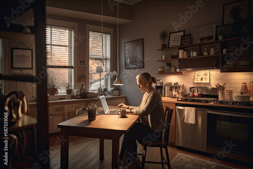 a woman sitting at a kitchen table working on her laptop while the sun shines through the windows in the background. Generative AI