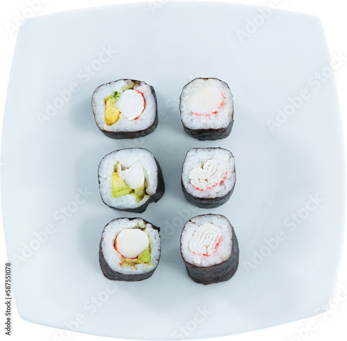 Sushi served in plate over white background