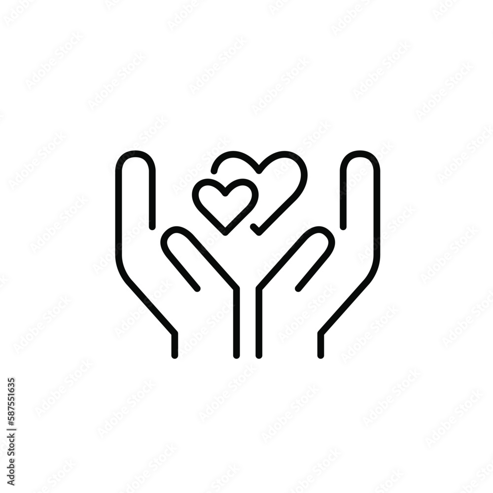 Love and romance icon. Two loving hearts in hands. Pixel perfect, editable stroke icon