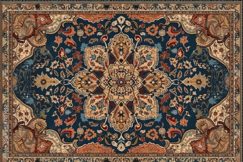 floral blue rug on a wooden floor. Generative AI