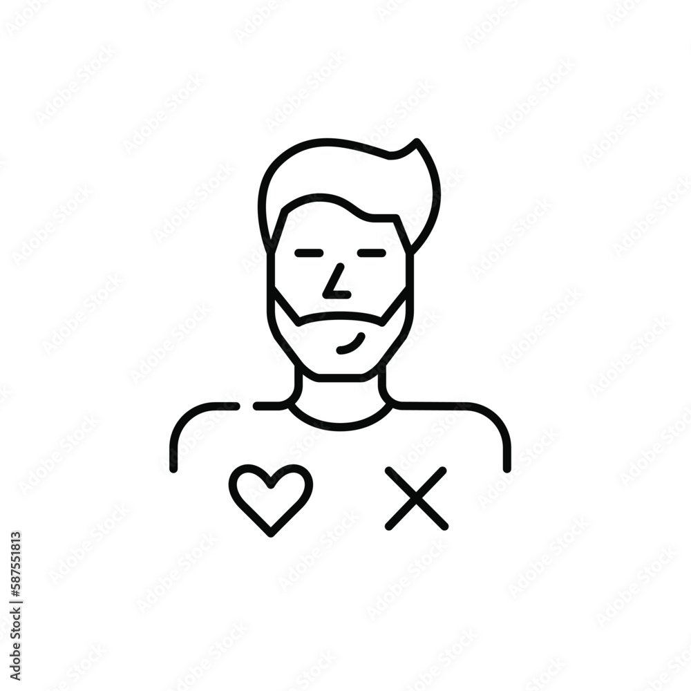 Man user of dating app with match or miss symbols. Finding romantic partner online. Pixel perfect, editable stroke icon Man user of dating app with match or miss symbols. Finding romantic partner online. Pixel perfect, editable stroke icon