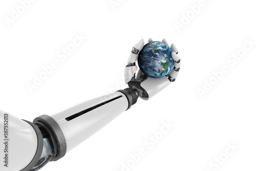 Digitally generated image of robotic hand holding planet