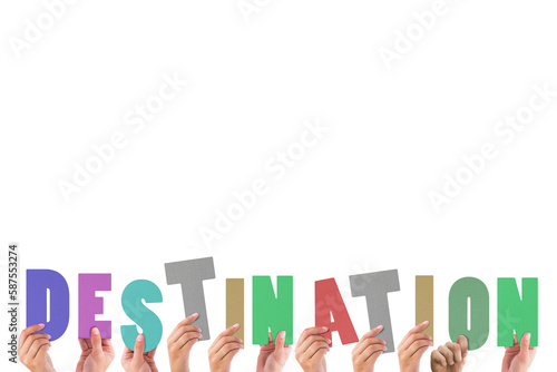 Cropped hands holding colorful word destination