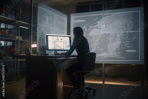 a person sitting at a desk in front of a computer screen with a map projected on the wall behind them. Generative AI