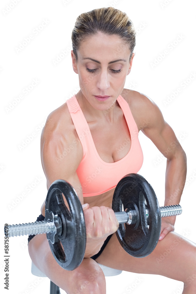 Obraz premium Strong woman doing bicep curl with large dumbbell