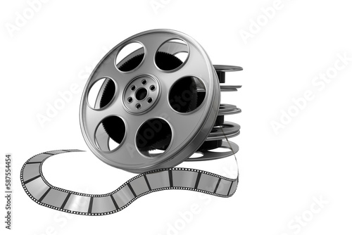 Film reels and camera film on white background