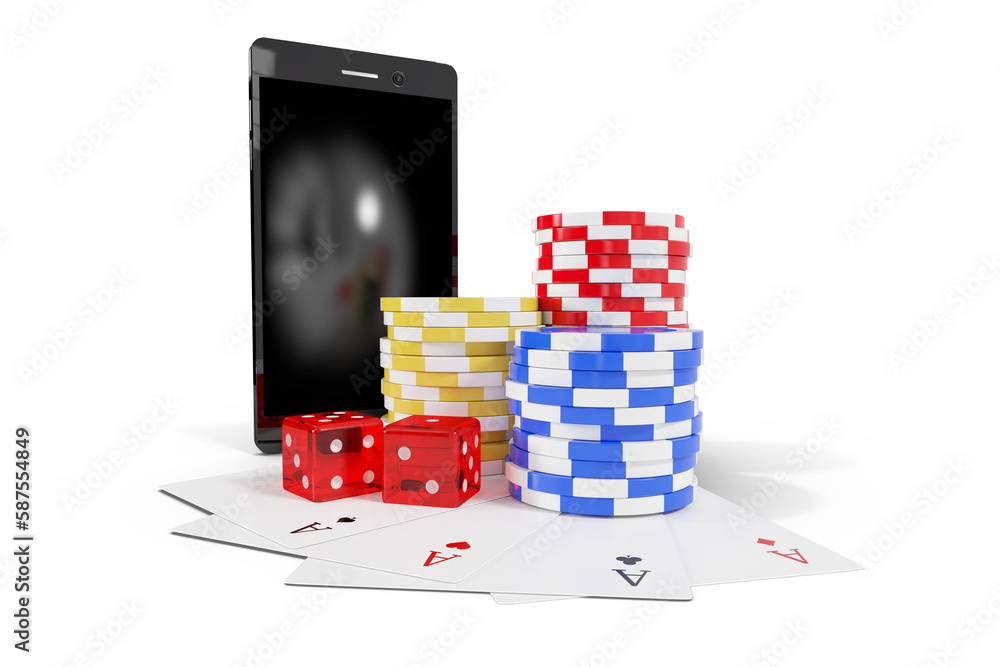 Fototapeta premium Mobile phone with stack of gambling chips and playing cards