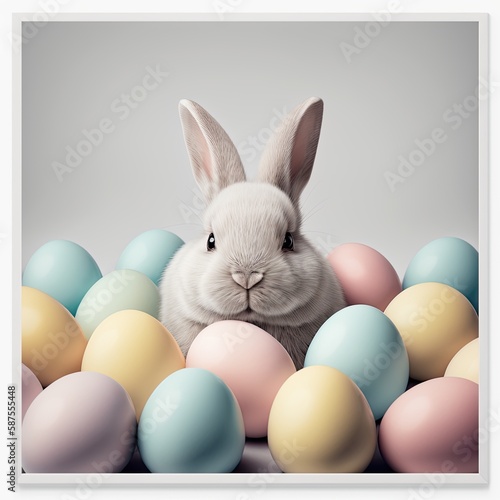 Cute fluffy white Easter Bunny between Easter Eggs, Generative AI