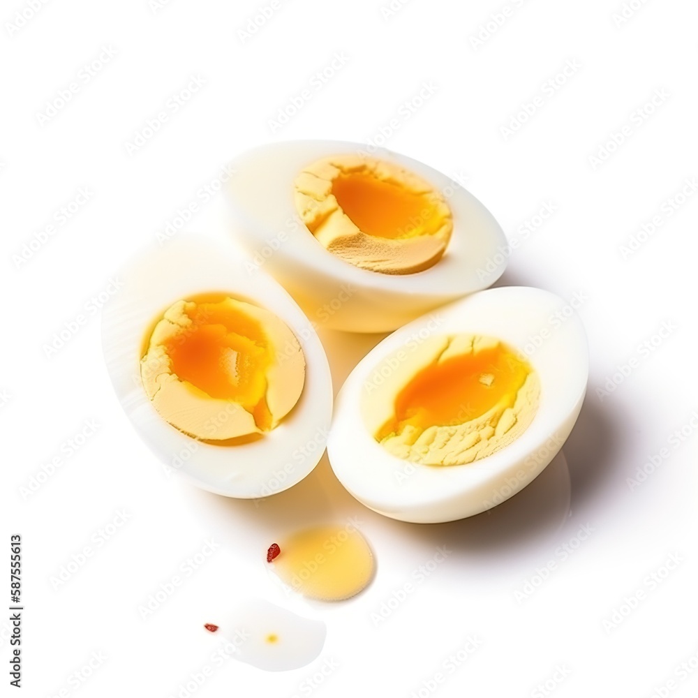 Slices of delicious boiled eggs food isolated white background illustration with Generative AI