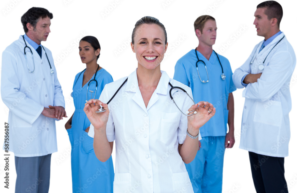 Portrait of happy female doctor holding stethoscope with colleagues Portrait of happy female doctor holding stethoscope with colleagues