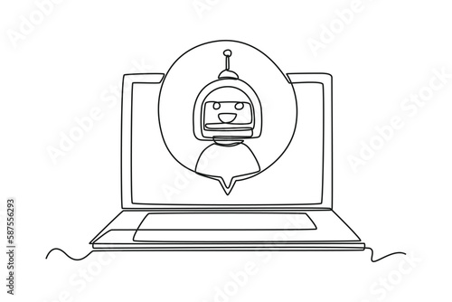 Single one-line drawing robot and bubble chat on a laptop. Chatbot concept continuous line draw design graphic vector illustration