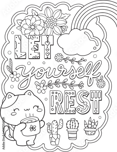 Fototapeta Naklejka Na Ścianę i Meble -  Let yourself rest. Cute kitten or cat cartoon with a rainbow and cactus. Hand drawn with inspirational words. Doodles art for Valentine's day or Greeting cards. Coloring book for adults and kids