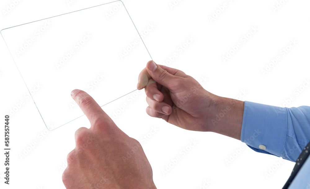 Cropped hand of businessman using glass interface Cropped hand of businessman using glass interface