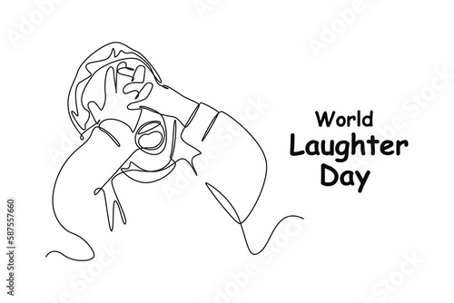 Continuous one-line drawing boy laughing loudly covering his eyes with a hand. World laughing day concept single line draws design graphic vector illustration