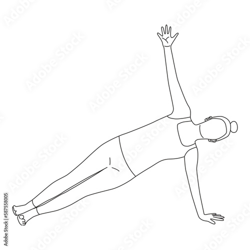 Line art of woman doing Yoga in side plank pose vector.