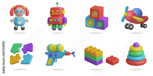 kids toys 3D vector icon set.
girl doll,robot toy,ABC block,plane toy,jigsaw,water gun,brick block toys,hoop toy