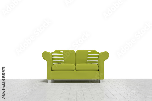 3d illustration of green sofa with cushions on floor