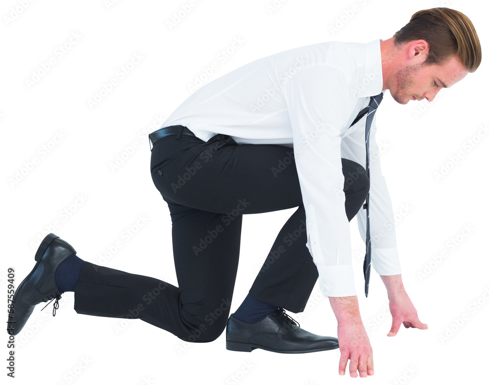 Businessman with hands and one knee on the floor Businessman with hands and one knee on the floor