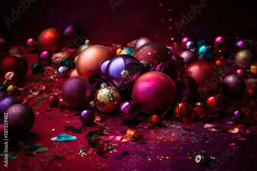 many different colored balls and conkles on a dark purple background with scattered confectional objects in the center. Generative AI