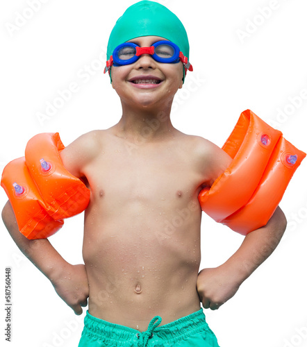 Happy boy wearing swimming cap