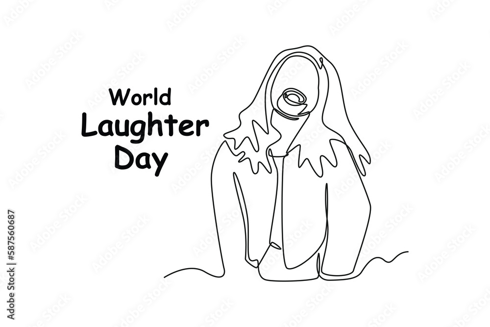Continuous one-line drawing a long-haired woman laughing happily. World laughing day concept single line draws design graphic vector illustration Continuous one-line drawing a long-haired woman laughing happily. World laughing day concept single line draws design graphic vector illustration