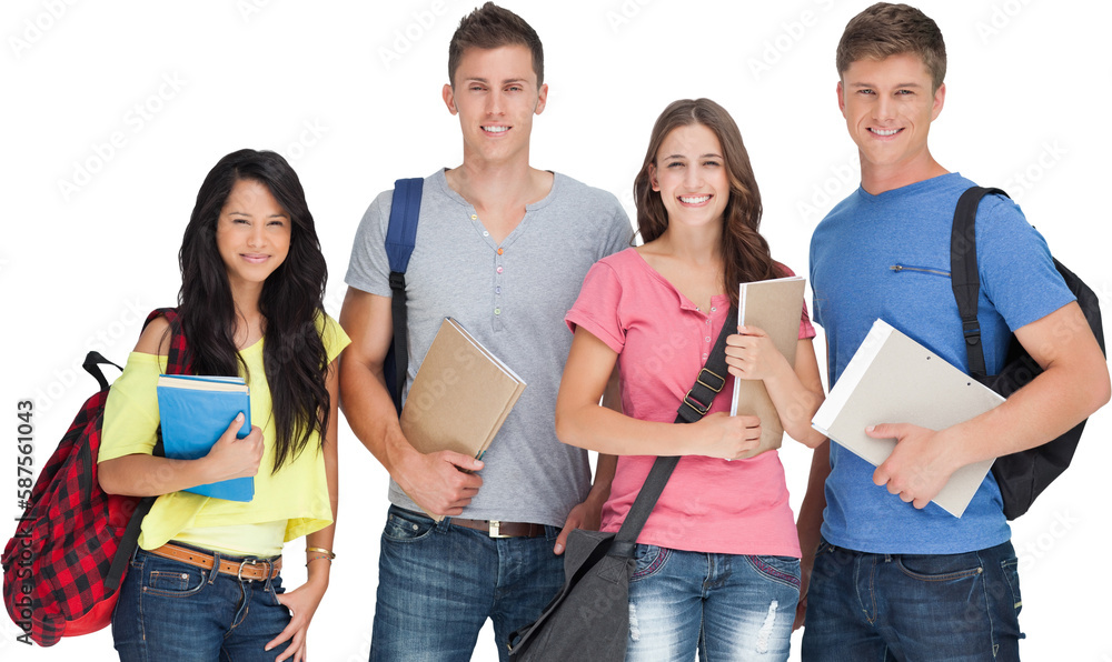 Students looking at the camera as they hold notepads Students looking at the camera as they hold notepads