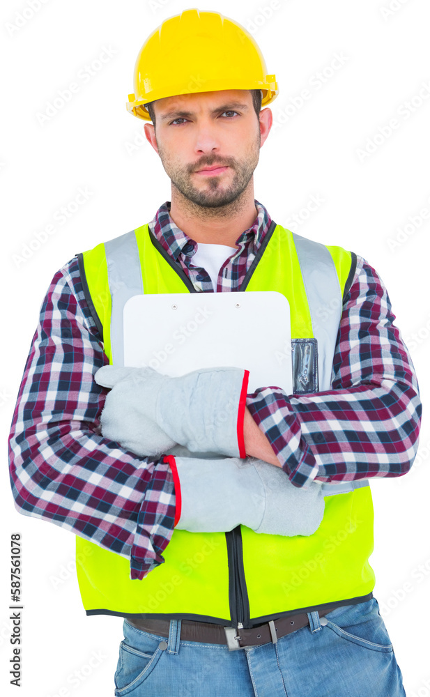 Confident handyman in reflective clothing holding clipbopard Confident handyman in reflective clothing holding clipbopard
