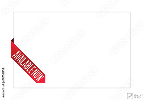 Available now message on ribbon banner. Vector illustration.