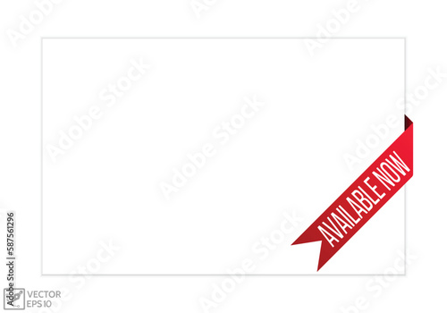Available now message on ribbon banner. Vector illustration.