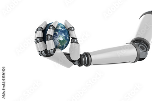 Metallic robot hand holding earth