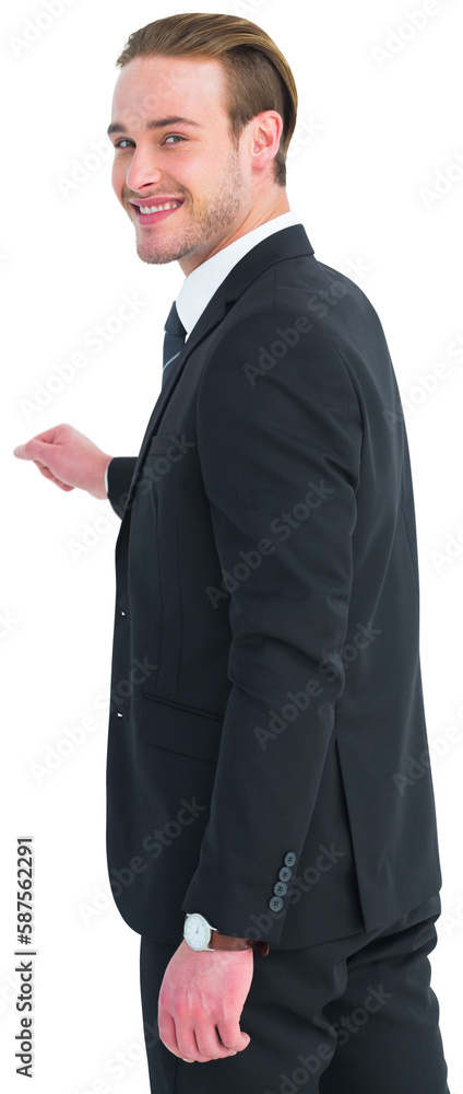 Smiling businessman gesturing and looking at camera