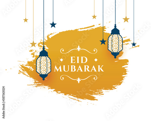 brush stroke style eid mubarak religious card with hanging lantern design