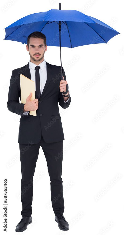 Serious businessman holding a file under umbrella Serious businessman holding a file under umbrella