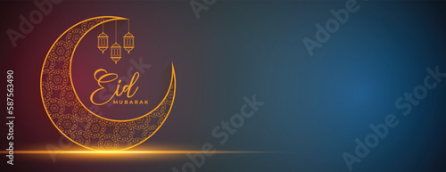 shiny eid ul fitr traditional banner with golden moon design