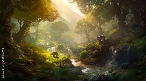 Fantasy landscape with dreamlike mythical creatures