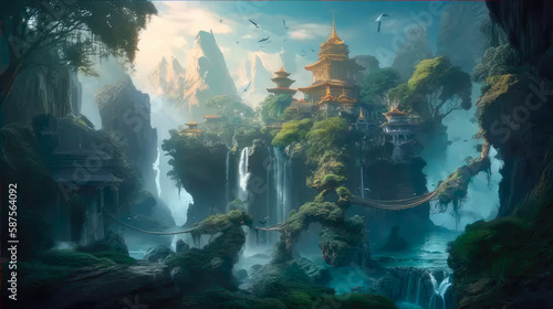 Fantasy landscape with mythical creatures
